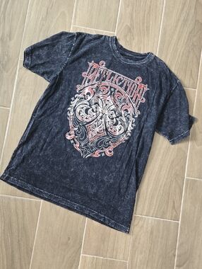 Affliction Black Mineral Wash Tee with Red & White Crest Graphic